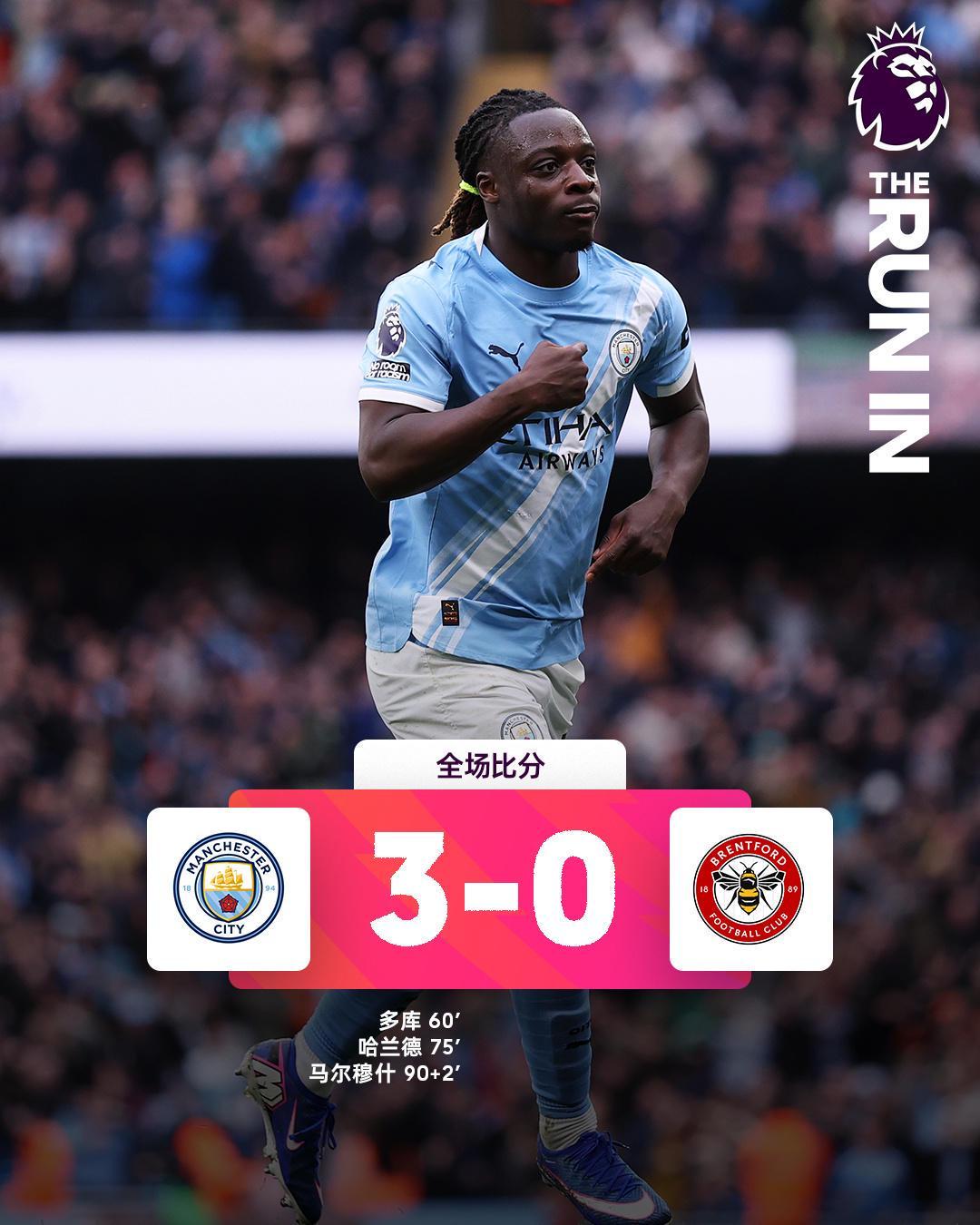 B体育-热闻|拒绝爆冷！曼城3-0布伦特福德距榜首只差2分，坐等阿森纳犯错